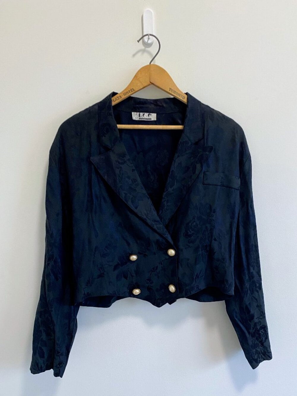 Vintage Black Jacquard Waistcoat Style Cropped Jacket / 80s